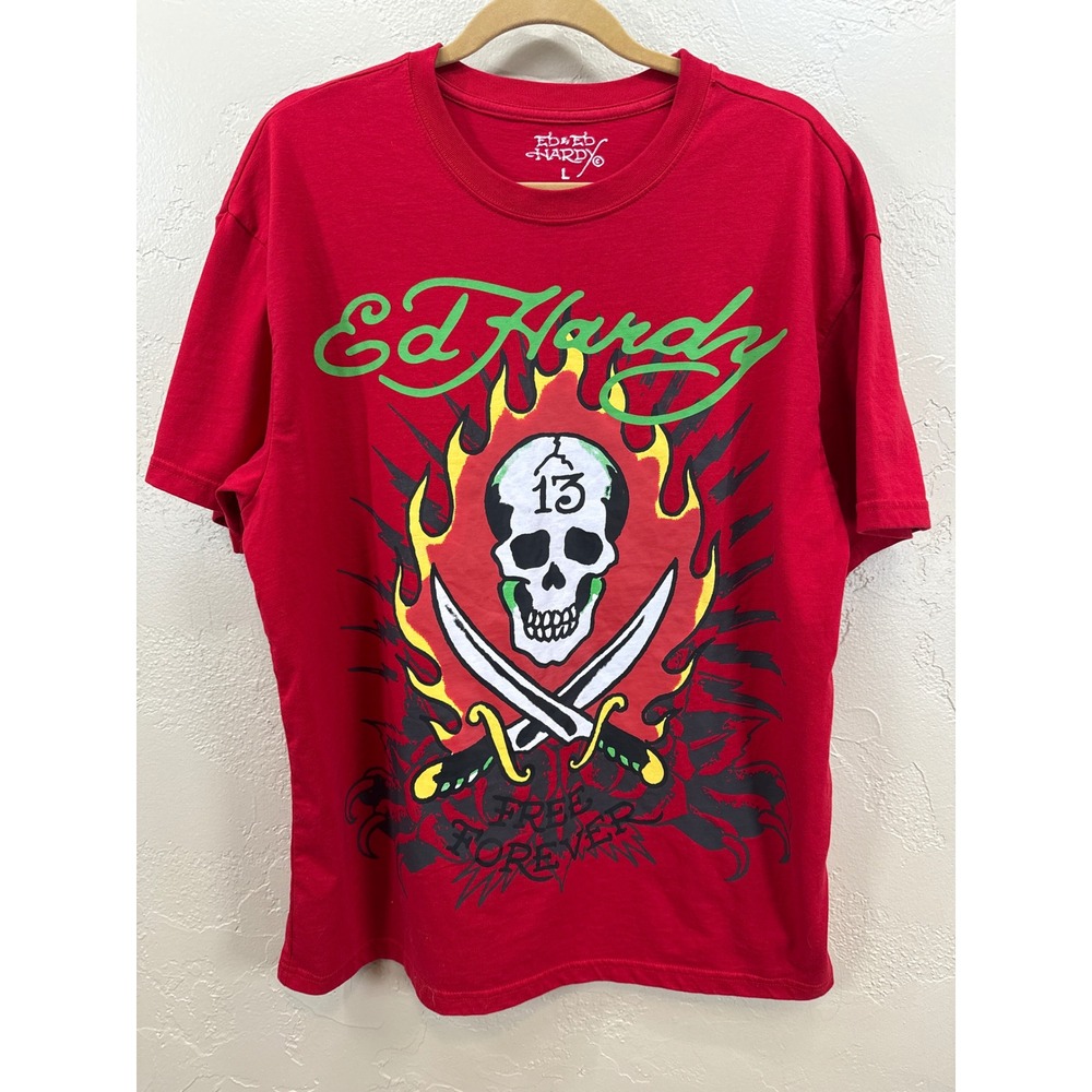Ed Hardy Mens Red Skull 13 Daggers Graphic T-Shirt Large Short Sleeve Streetwear